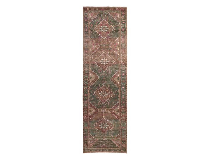 3'7" x 12'3" Vintage Hand Knotted Green Wool Runner Oriental Rug - MOA10278773
