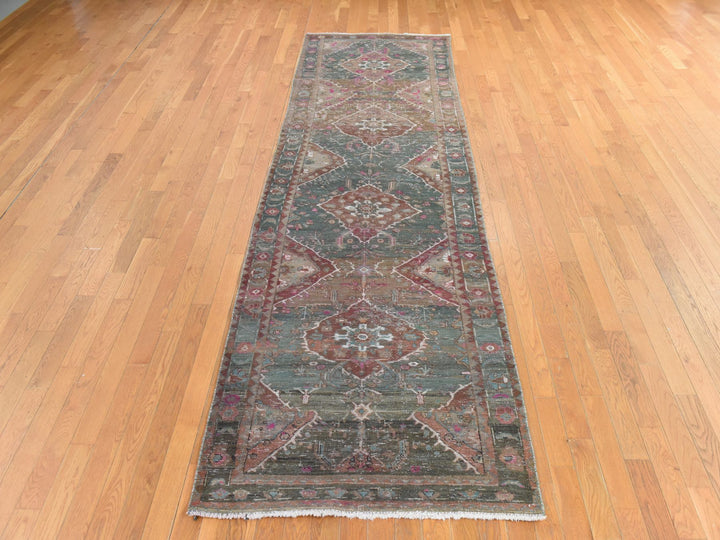 3'7" x 12'3" Vintage Hand Knotted Green Wool Runner Oriental Rug - MOA10278773