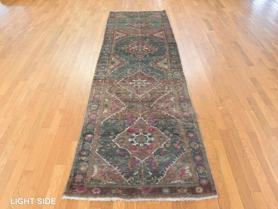 3'7" x 12'3" Vintage Hand Knotted Green Wool Runner Oriental Rug - MOA10278773