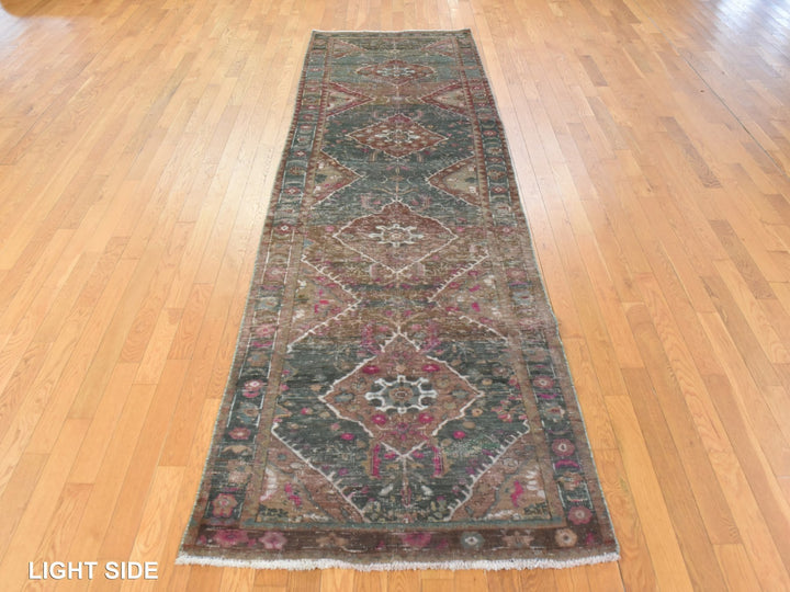 3'7" x 12'3" Vintage Hand Knotted Green Wool Runner Oriental Rug - MOA10278773