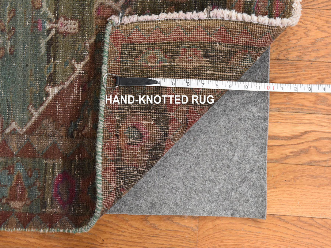 3'7" x 12'3" Vintage Hand Knotted Green Wool Runner Oriental Rug - MOA10278773