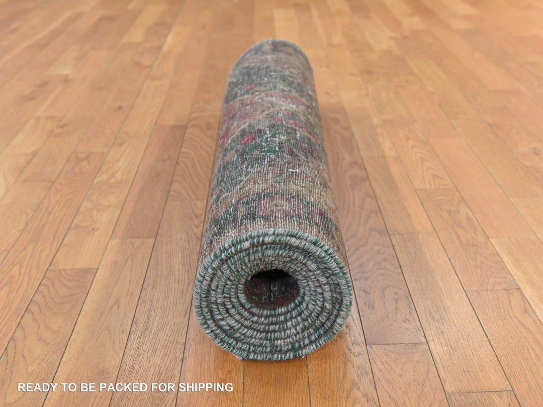 3'7" x 12'3" Vintage Hand Knotted Green Wool Runner Oriental Rug - MOA10278773