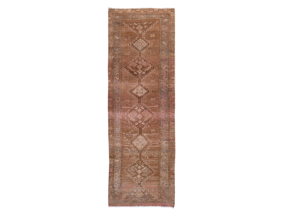 3'3" x 9'8" Vintage Hand Knotted Brown Wool Runner Oriental Rug - MOA10278778