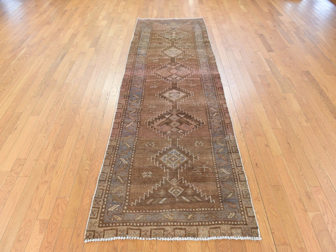 3'3" x 9'8" Vintage Hand Knotted Brown Wool Runner Oriental Rug - MOA10278778