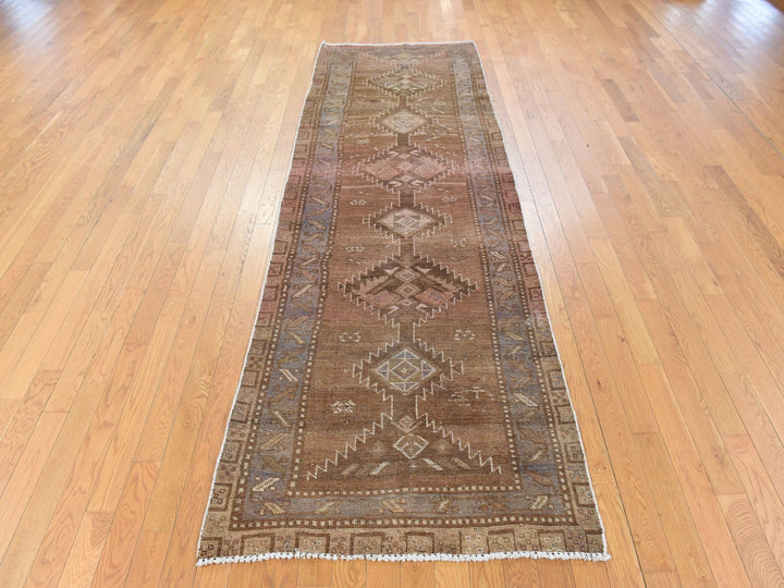 3'3" x 9'8" Vintage Hand Knotted Brown Wool Runner Oriental Rug - MOA10278778
