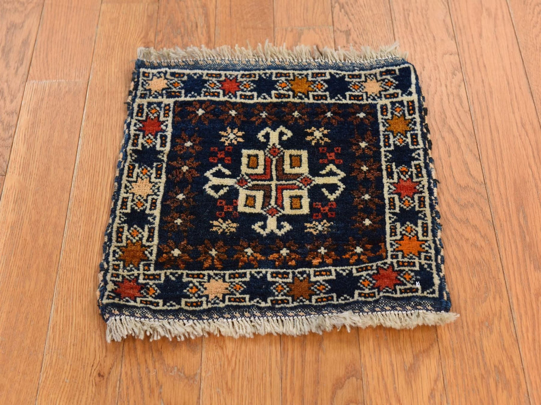 1'3" x 1'4" Vintage Hand Knotted Blue Wool Square Oriental Rug - MOA10278804