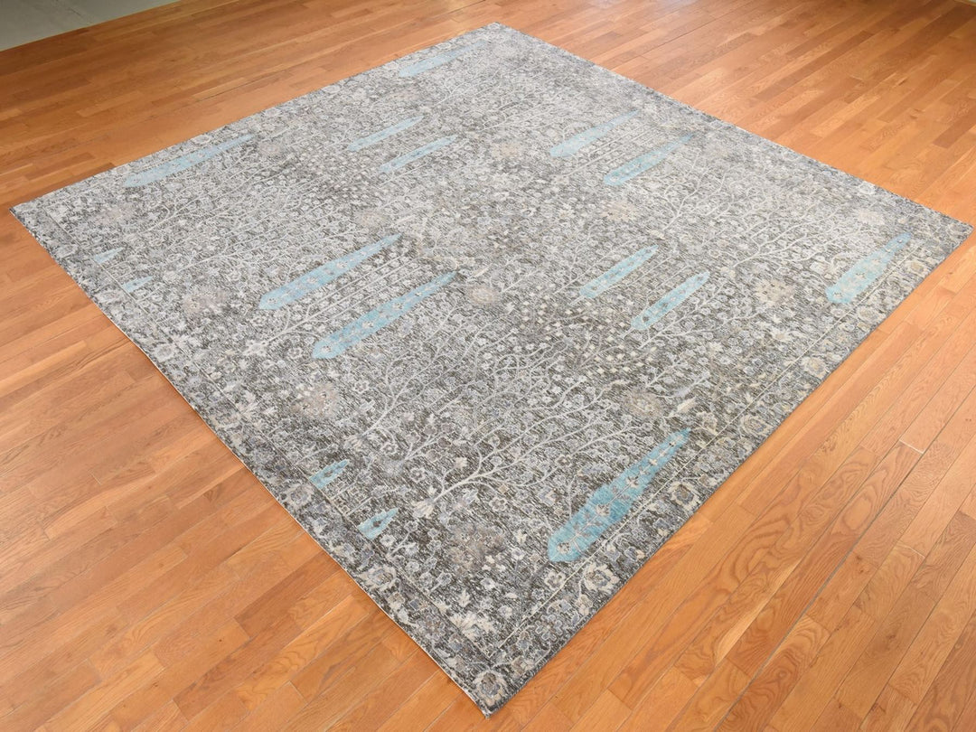 10'0" x 10'0" New Hand Knotted Black Silk Square Oriental Rug - MOA10278836