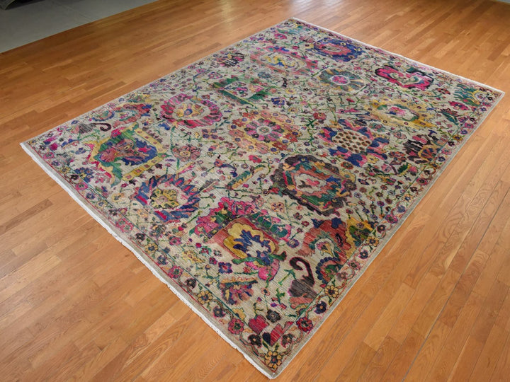 9'2" x 12'2" New Hand Knotted Ivory Sari Silk Rectangle Oriental Rug - MOA10278837