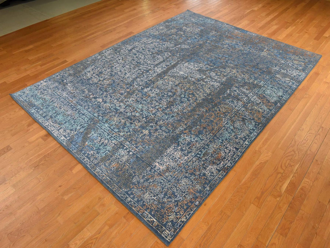 9'0" x 12'0" New Hand Knotted Blue Wool & Silk Rectangle Oriental Rug - MOA10278838