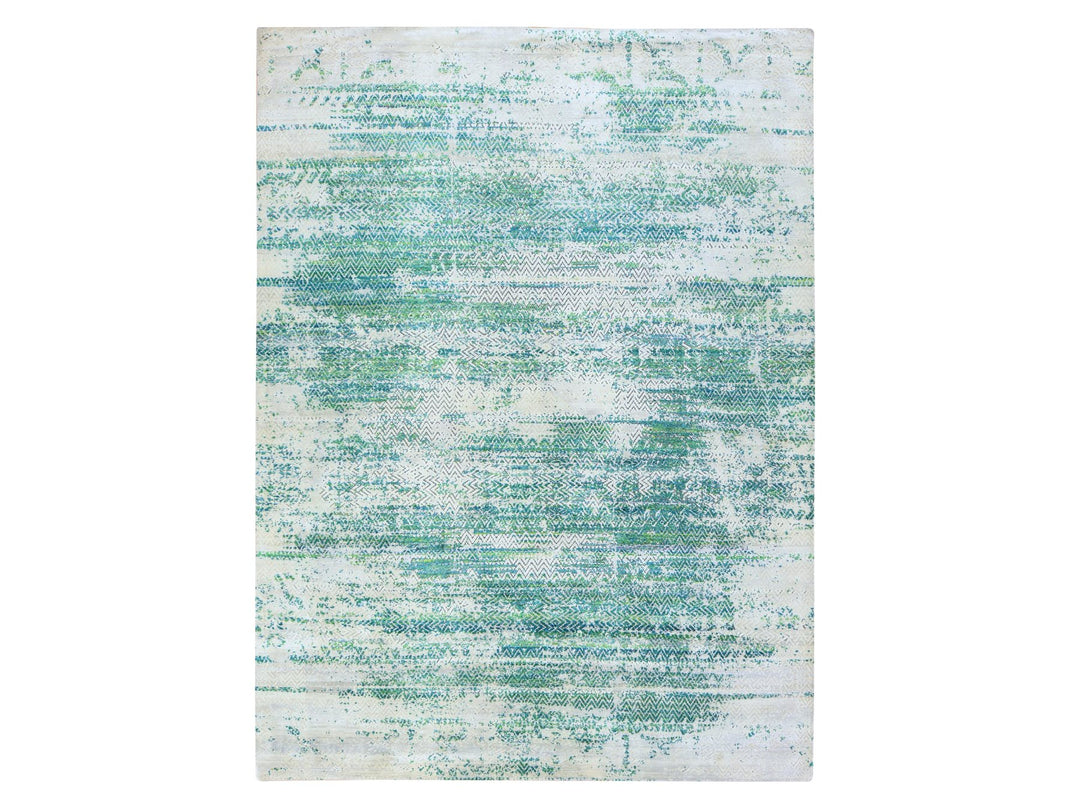 8'10" x 12'0" New Hand Knotted Green Wool & Silk Rectangle Oriental Rug - MOA10278841
