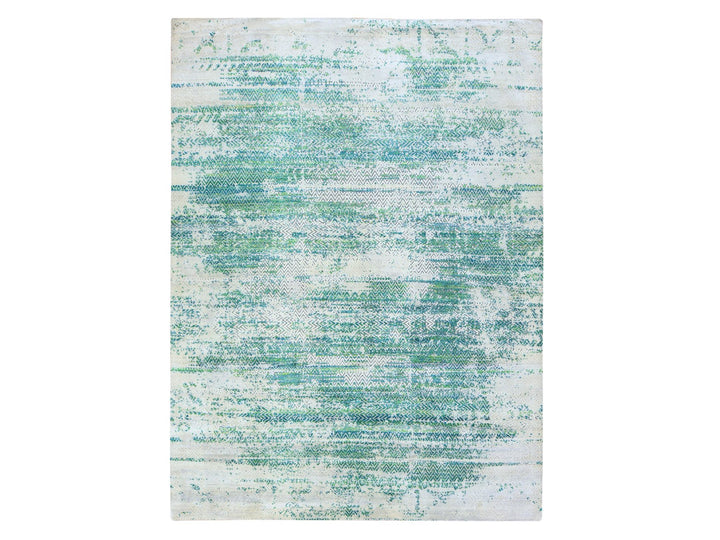 8'10" x 12'0" New Hand Knotted Green Wool & Silk Rectangle Oriental Rug - MOA10278841