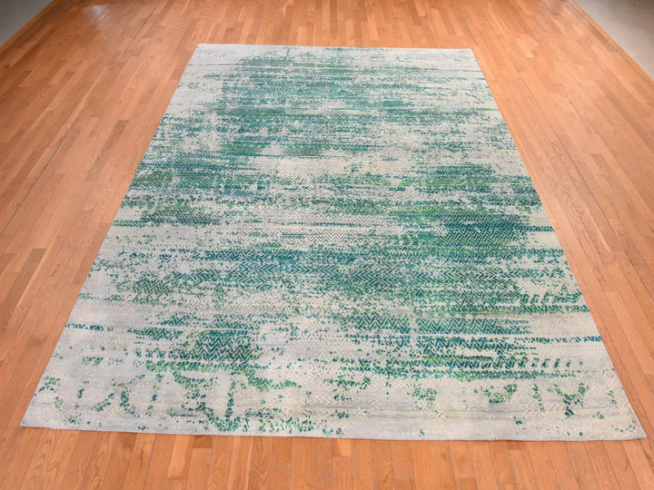 8'10" x 12'0" New Hand Knotted Green Wool & Silk Rectangle Oriental Rug - MOA10278841