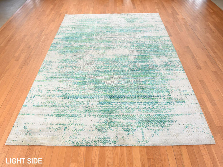 8'10" x 12'0" New Hand Knotted Green Wool & Silk Rectangle Oriental Rug - MOA10278841
