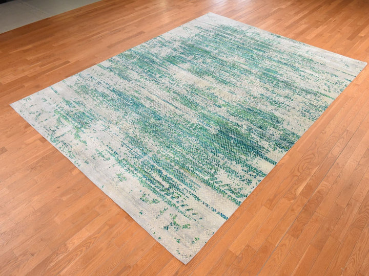 8'10" x 12'0" New Hand Knotted Green Wool & Silk Rectangle Oriental Rug - MOA10278841