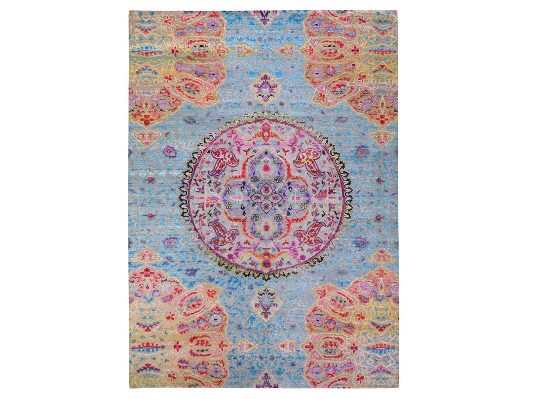 9'9" x 13'8" New Hand Knotted Blue Wool & Silk Rectangle Oriental Rug - MOA10278845