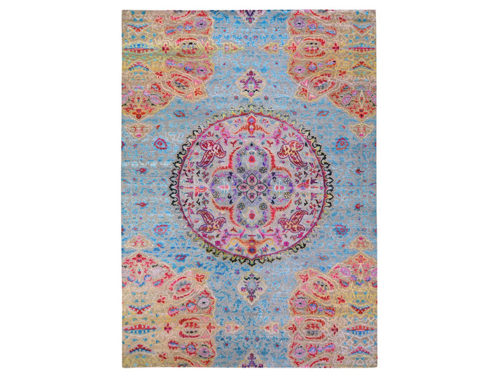 9'9" x 13'8" New Hand Knotted Blue Wool & Silk Rectangle Oriental Rug - MOA10278845