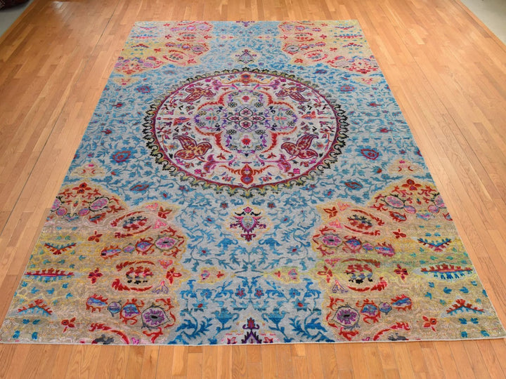 9'9" x 13'8" New Hand Knotted Blue Wool & Silk Rectangle Oriental Rug - MOA10278845
