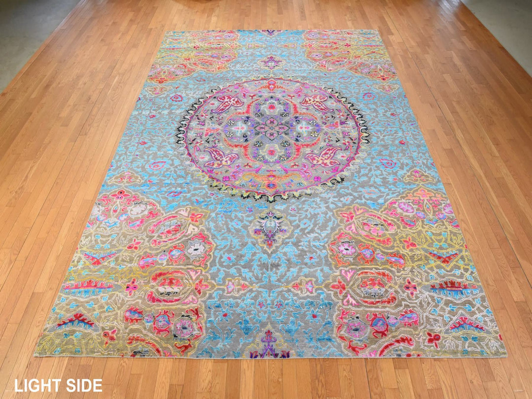 9'9" x 13'8" New Hand Knotted Blue Wool & Silk Rectangle Oriental Rug - MOA10278845