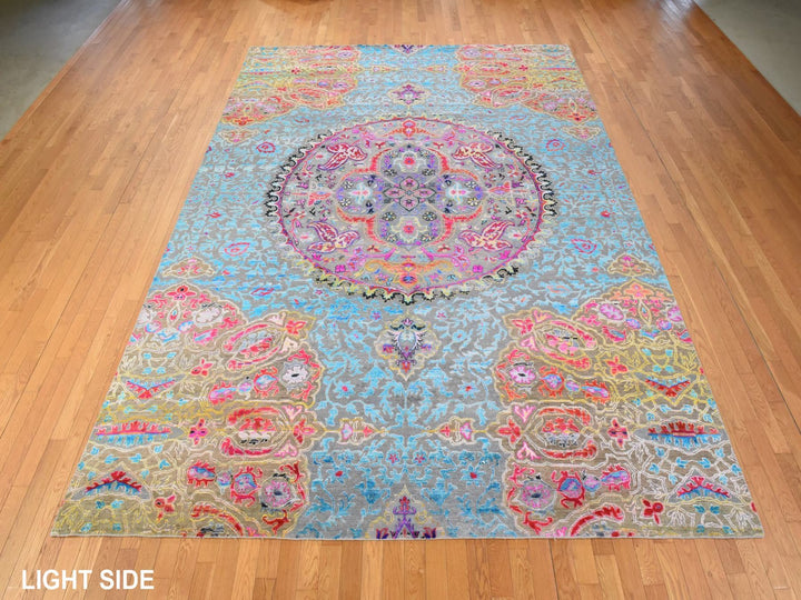 9'9" x 13'8" New Hand Knotted Blue Wool & Silk Rectangle Oriental Rug - MOA10278845