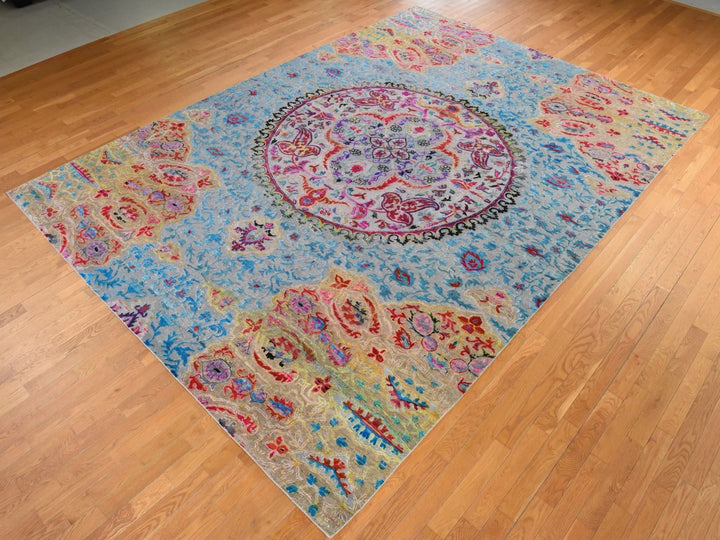 9'9" x 13'8" New Hand Knotted Blue Wool & Silk Rectangle Oriental Rug - MOA10278845