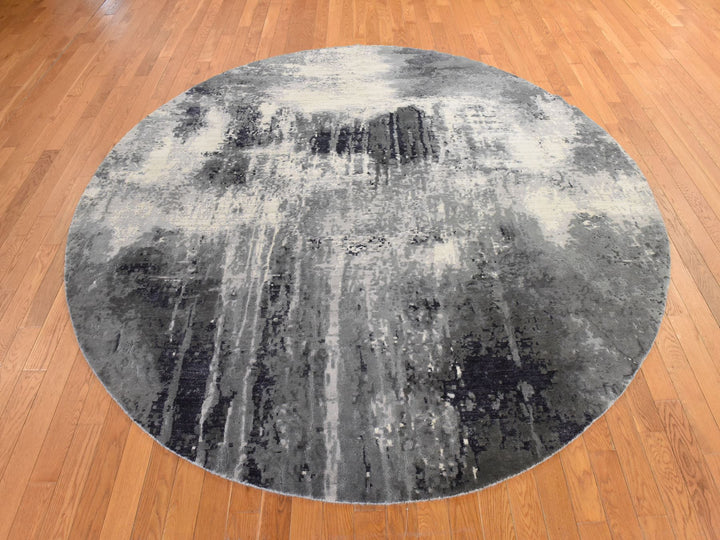8'0" x 8'0" New Hand Knotted Black Wool & Silk Round Oriental Rug - MOA10278850