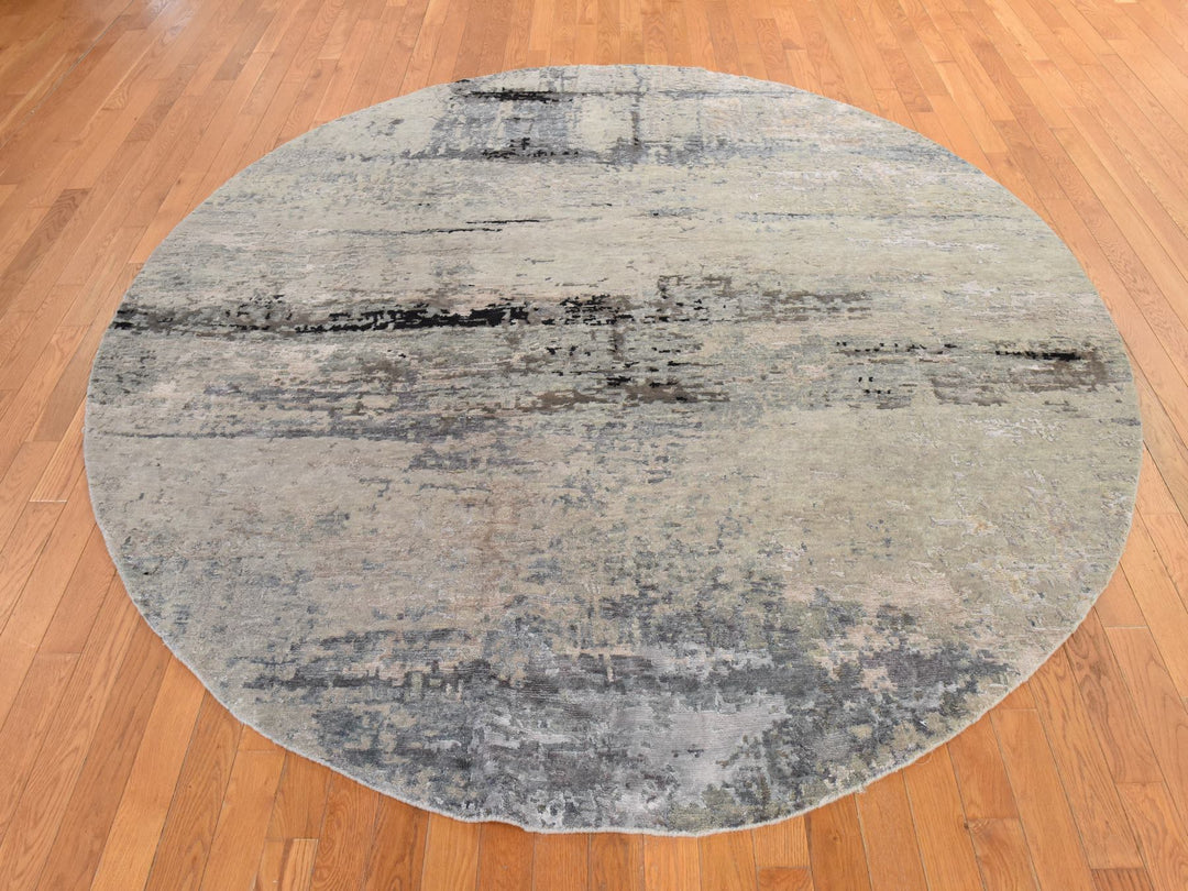 8'0" x 8'0" New Hand Knotted Beige Wool & Silk Round Oriental Rug - MOA10278852
