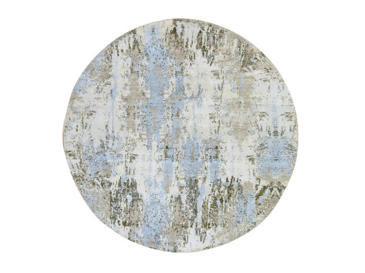 8'1" x 8'1" New Hand Knotted Ivory Wool & Silk Round Oriental Rug - MOA10278854