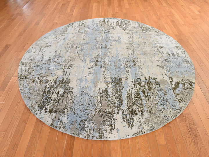 8'1" x 8'1" New Hand Knotted Ivory Wool & Silk Round Oriental Rug - MOA10278854