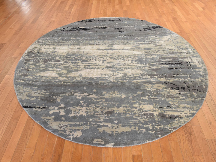 8'3" x 8'3" New Hand Knotted Grey Wool & Silk Round Oriental Rug - MOA10278856