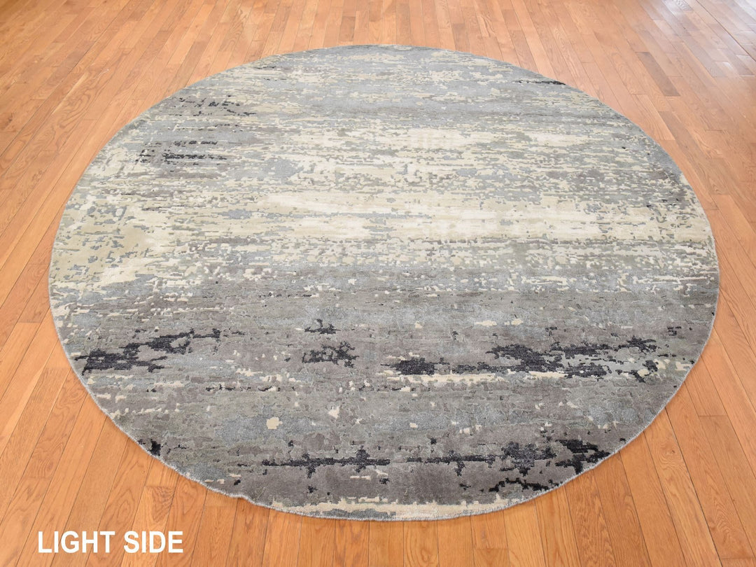 8'3" x 8'3" New Hand Knotted Grey Wool & Silk Round Oriental Rug - MOA10278856