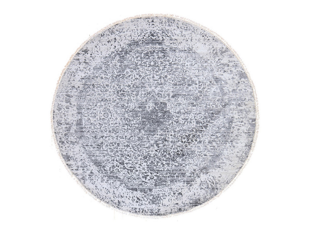 7'0" x 7'0" New Hand Knotted Grey Wool & Silk Round Oriental Rug - MOA10278857