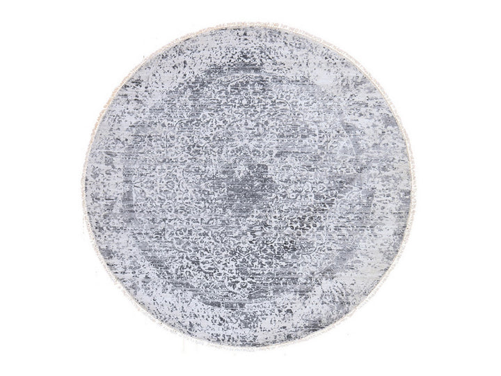 7'0" x 7'0" New Hand Knotted Grey Wool & Silk Round Oriental Rug - MOA10278857