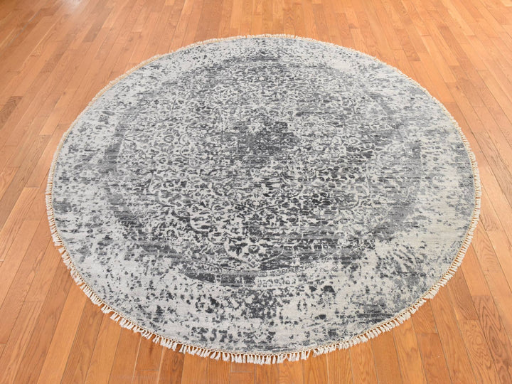 7'0" x 7'0" New Hand Knotted Grey Wool & Silk Round Oriental Rug - MOA10278857