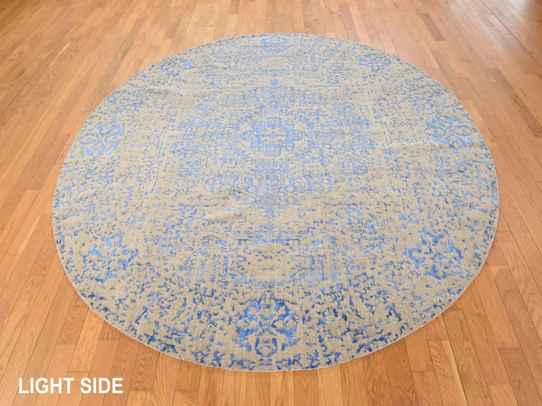 8'0" x 8'0" New Hand Loomed Beige Wool & Silk Round Oriental Rug - MOA10278858