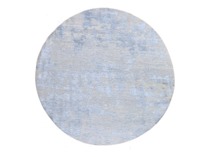 7'10" x 7'10" New Hand Knotted Grey Wool & Silk Round Oriental Rug - MOA10278859