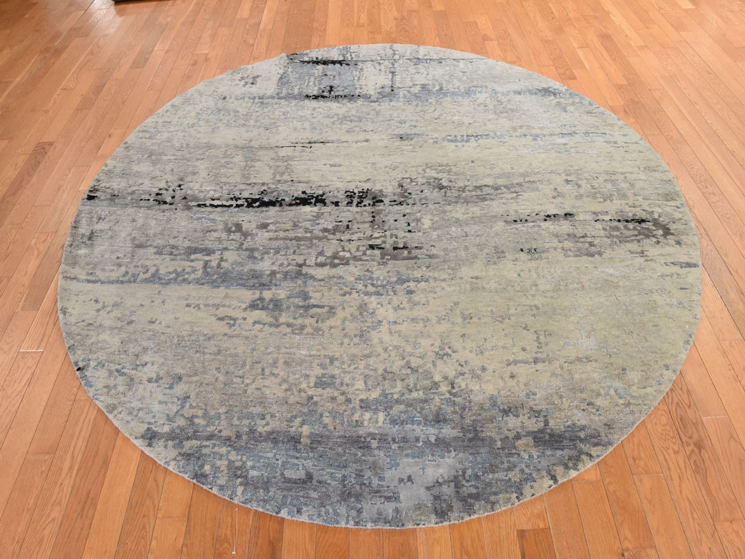 8'0" x 8'0" New Hand Knotted Beige Wool & Silk Round Oriental Rug - MOA10278861