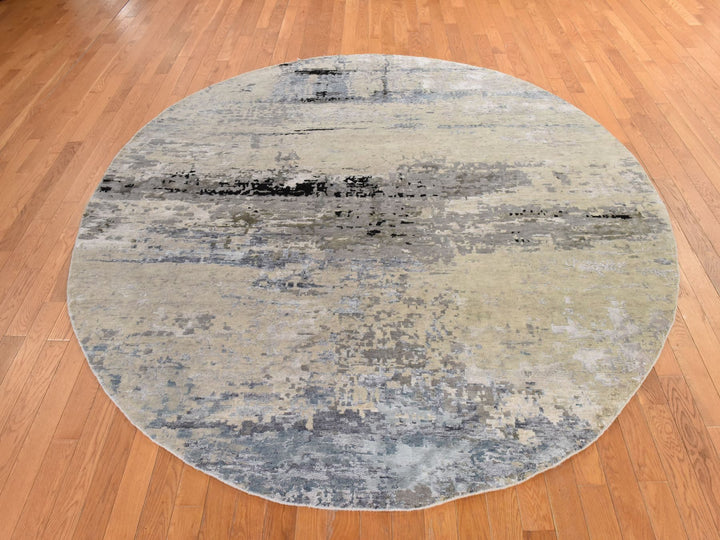 8'0" x 8'0" New Hand Knotted Beige Wool & Silk Round Oriental Rug - MOA10278862