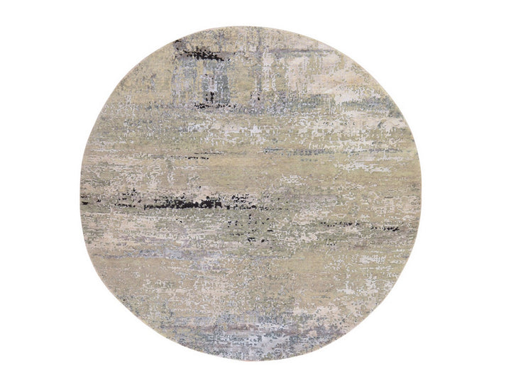 7'0" x 7'0" New Hand Knotted Beige Wool & Silk Round Oriental Rug - MOA10278863