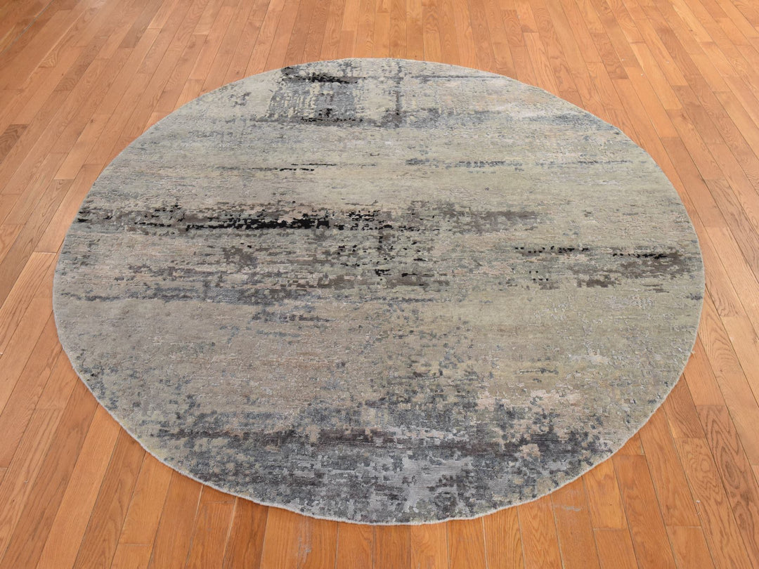 7'0" x 7'0" New Hand Knotted Beige Wool & Silk Round Oriental Rug - MOA10278863