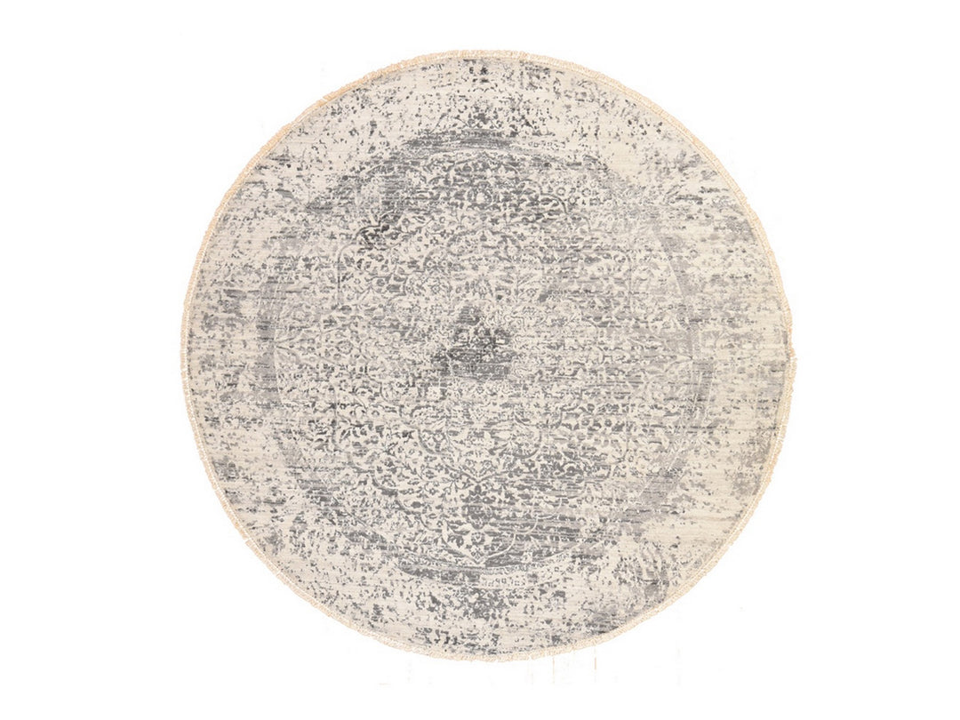 8'0" x 8'0" New Hand Knotted Grey Wool & Silk Round Oriental Rug - MOA10278864