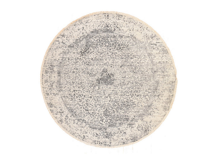 8'0" x 8'0" New Hand Knotted Grey Wool & Silk Round Oriental Rug - MOA10278864