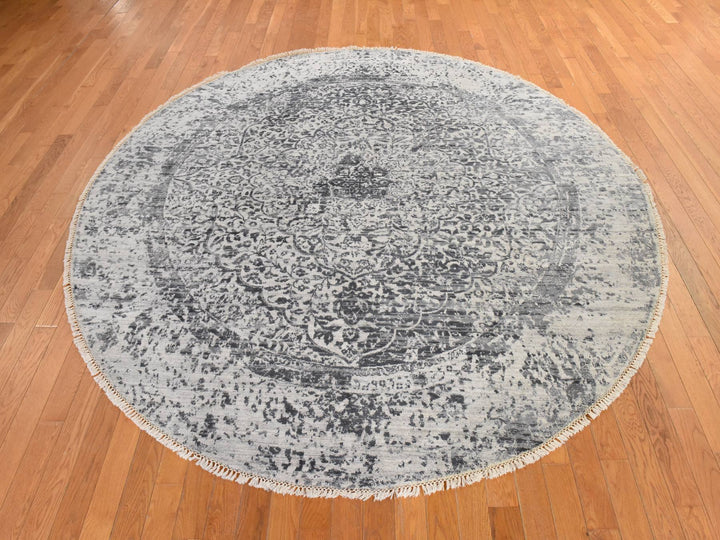8'0" x 8'0" New Hand Knotted Grey Wool & Silk Round Oriental Rug - MOA10278864