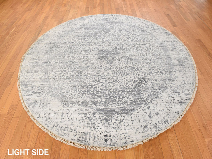 8'0" x 8'0" New Hand Knotted Grey Wool & Silk Round Oriental Rug - MOA10278864