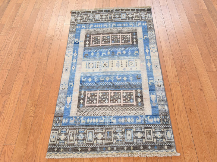 2'10" x 4'10" New Hand Knotted Blue Wool Rectangle Oriental Rug - MOA10278865