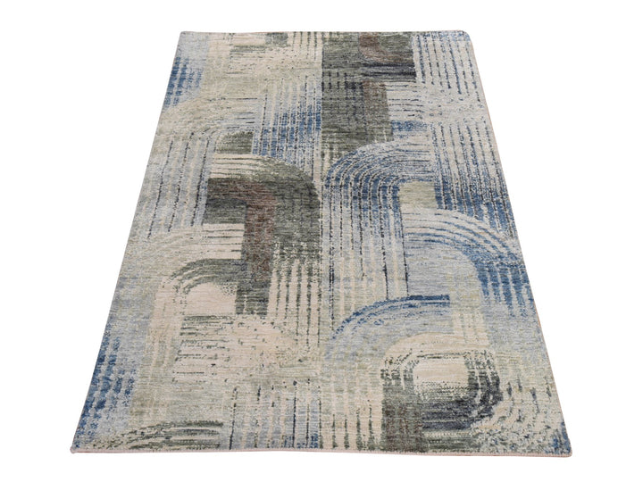 3'1" x 5'0" New Hand Knotted Ivory Wool & Silk Rectangle Oriental Rug - MOA10278874