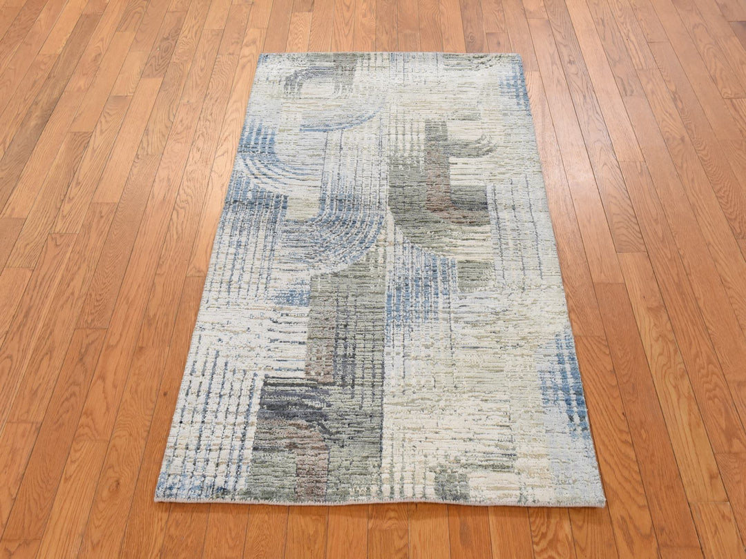 3'1" x 5'0" New Hand Knotted Ivory Wool & Silk Rectangle Oriental Rug - MOA10278874