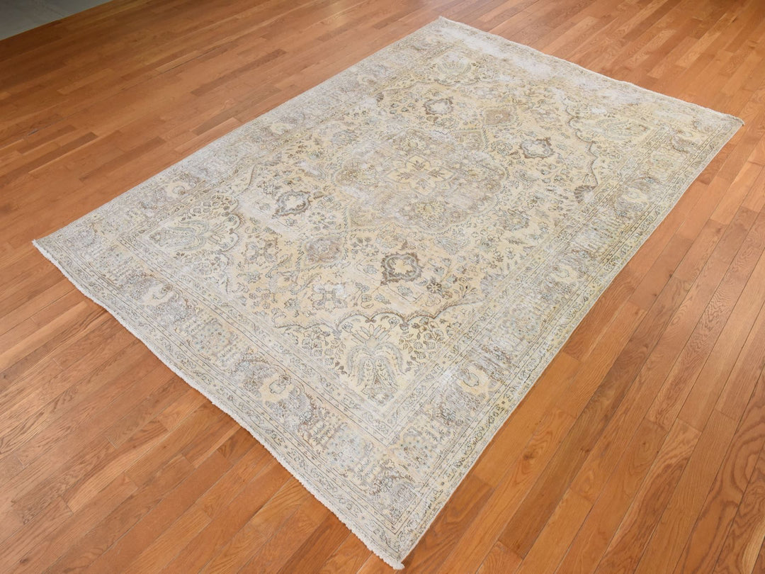 6'8" x 9'8" Vintage Hand Knotted Beige Wool Rectangle Oriental Rug - MOA10278878
