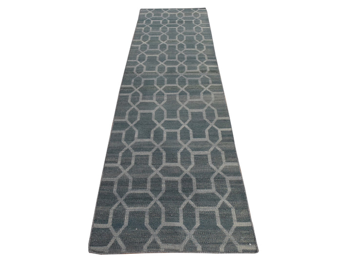 2'7" x 9'8" New Hand Woven Green Wool Runner Oriental Rug - MOA10278885