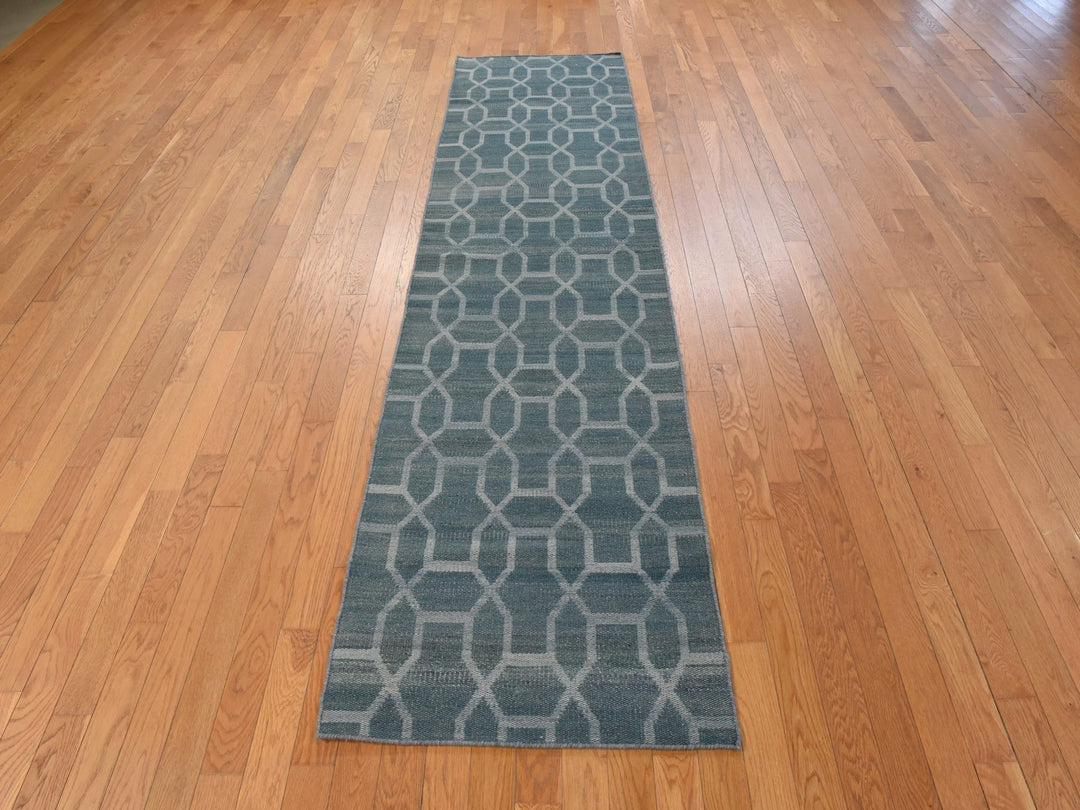 2'7" x 9'8" New Hand Woven Green Wool Runner Oriental Rug - MOA10278885