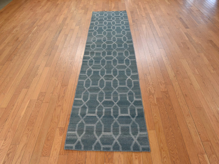 2'7" x 9'8" New Hand Woven Green Wool Runner Oriental Rug - MOA10278885